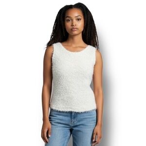 New Directions Women’s Sleeveless Top Fuzzy Eyelash Boucle Knit Textured White L